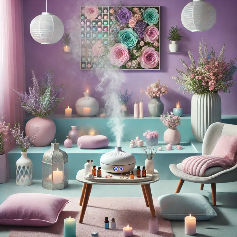 Cozy pastel aromatherapy room with a diffuser, candles, flowers, and essential oils on display.