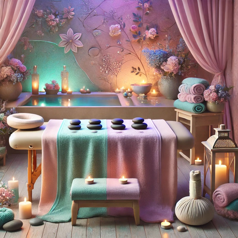  Cozy spa room with pastel massage table, hot stones, candles, rolled towels, and soft floral lighting.