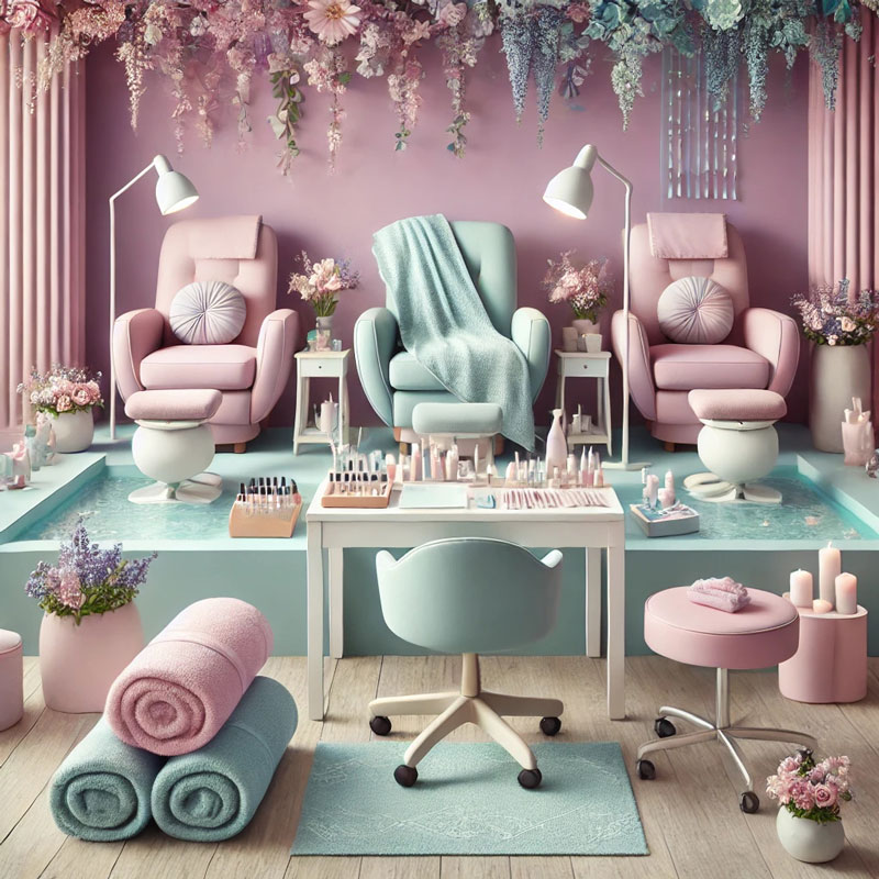  Pastel nail spa with plush chairs, manicure table, rolled towels, and floral ceiling decor in pink and teal tones.