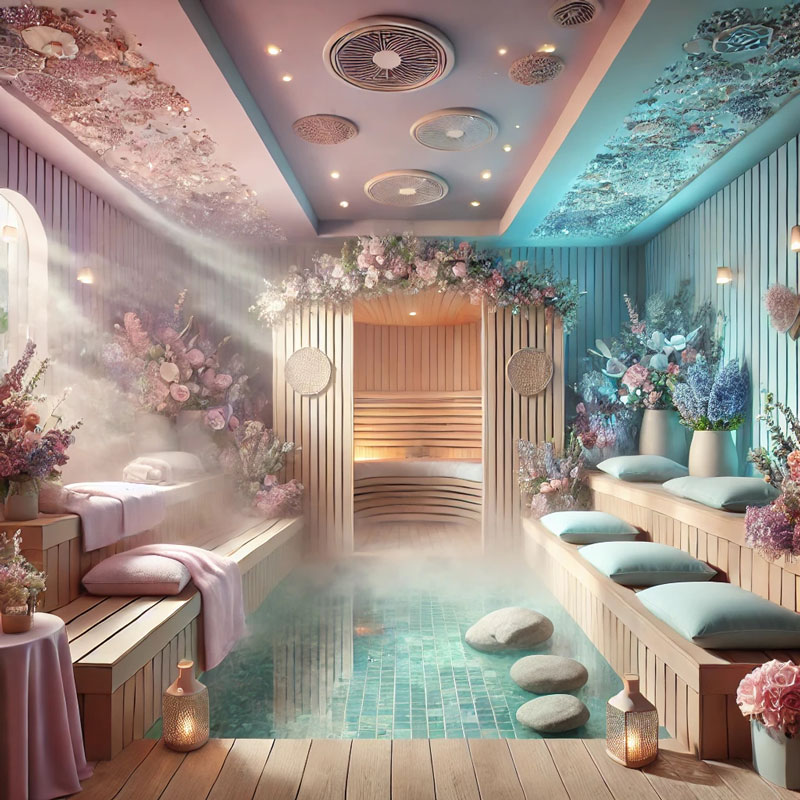  Pastel spa sauna room with floral decor, steam rising over a tiled pool, and cushioned seating on both sides.