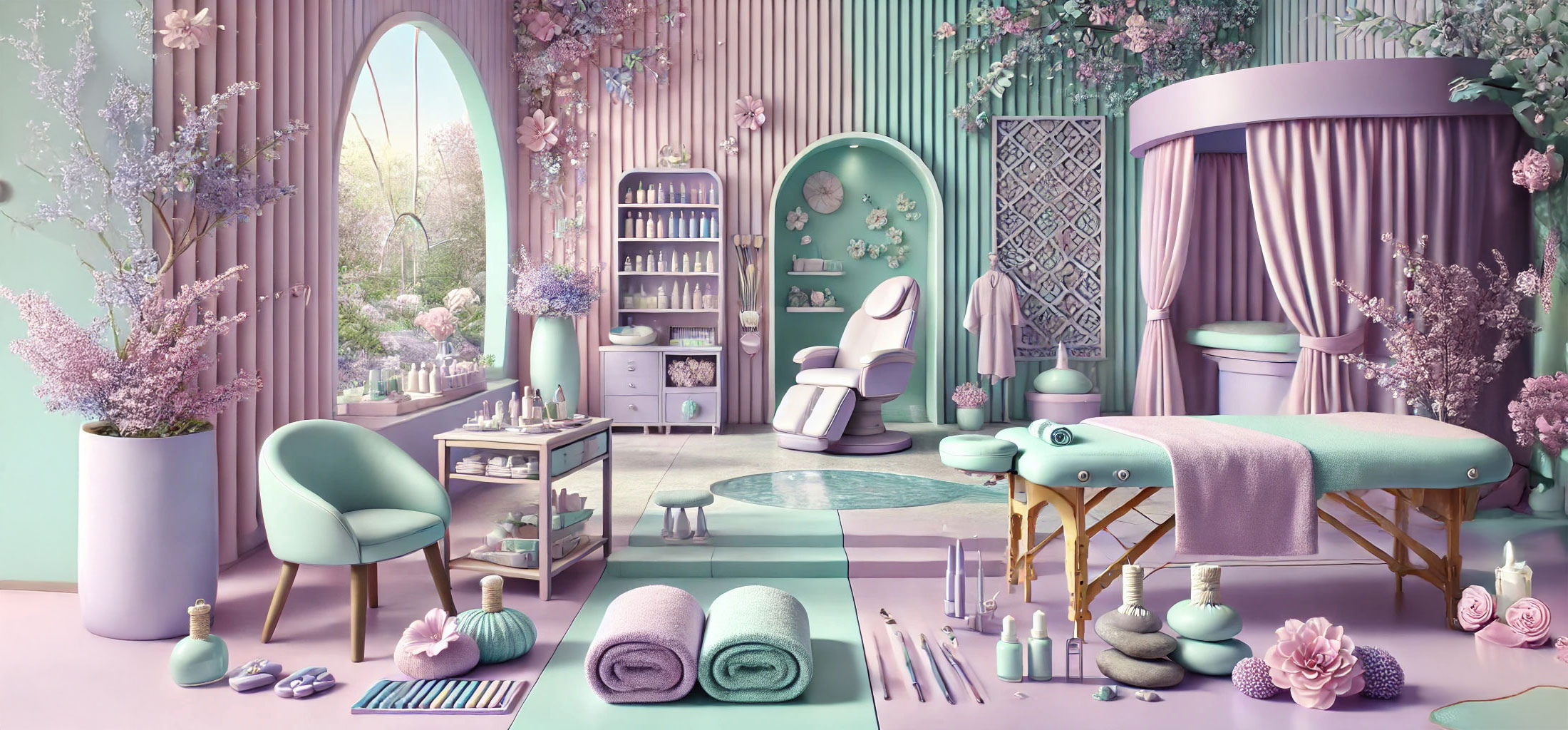 Pastel spa room with massage table, recliner, and flowers in pink, mint, and lavender tones.